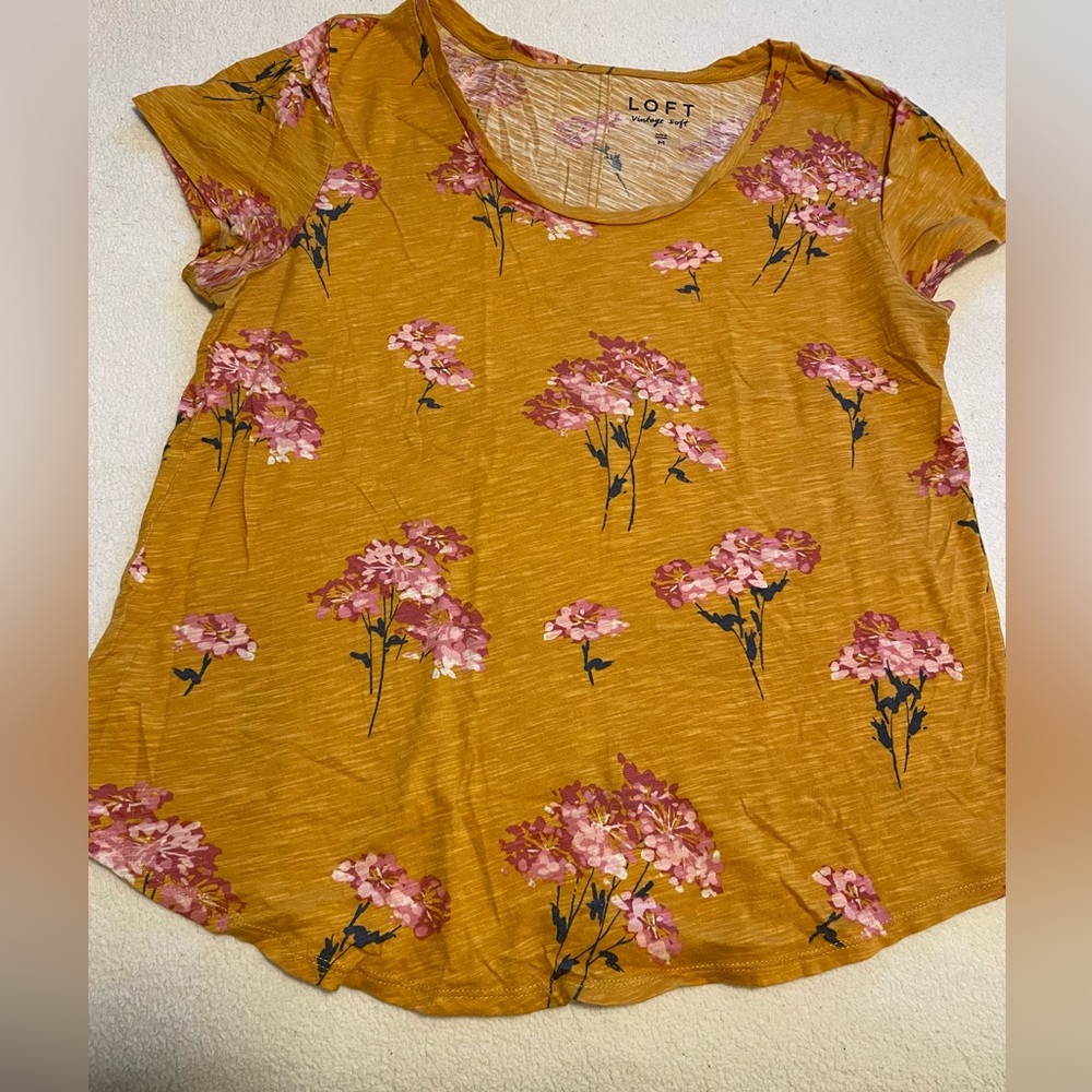 Loft size Medium gold t shirt with pink flowers